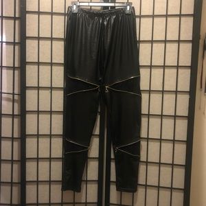 Faux Leather Stretch Pants In Black With Lace Zippers  Size M/L, New